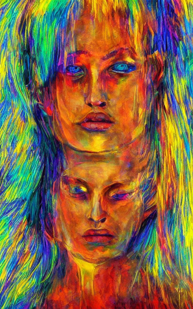 Image similar to iridescent spirit of desire and fear cruel beautiful spirit (androgynous) with golden eyes, award winning oil painting, chromatic aberration