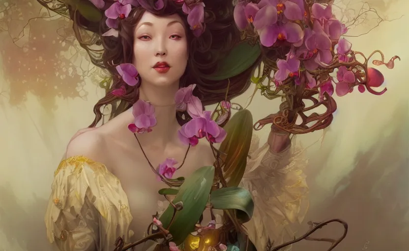 Image similar to goddess of orchids by peter mohrbacher, wlop, tooth wu, alfons mucha, trending on artstation, 4k, super detailed, octane render - H 1000