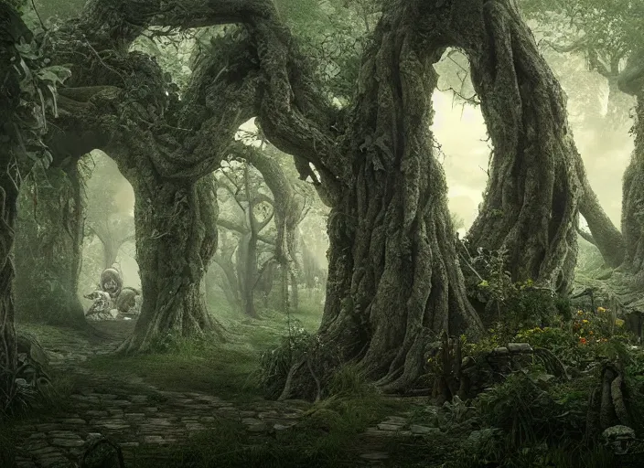 Prompt: secret garden, pathway, scary monster statues, trees with faces, in the style of pan's labyrinth movie, spooky, very dark, concept art, unreal engine 5, matte painting, artstation, caspar friedrich