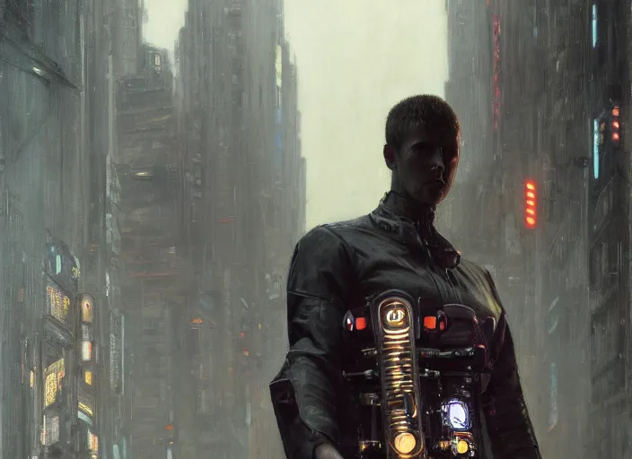 Image similar to blade runner with four robotic legs ( blade runner 2 0 4 9, dystopian, cyberpunk 2 0 7 7 character design ). orientalist portrait by john william waterhouse and james gurney and theodore ralli and nasreddine dinet, oil on canvas. cinematic, hyper realism, realistic proportions, dramatic lighting, high detail 4 k