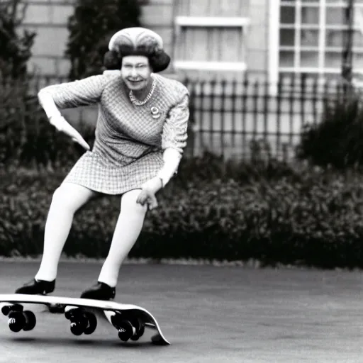 Image similar to queen elizabeth doing tricks on a skateboard, getty images watermark