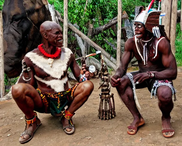 Prompt: zulu tribal warrior made out of teeth with a friendly american tourist. the tourist is in a cage.