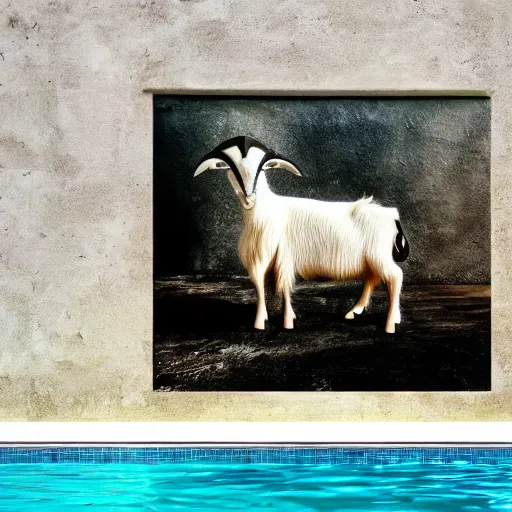 Image similar to wide angle of a nightmare goat in a swimming pool, highly detail, ultra realistic, art by hr giger, 4 k