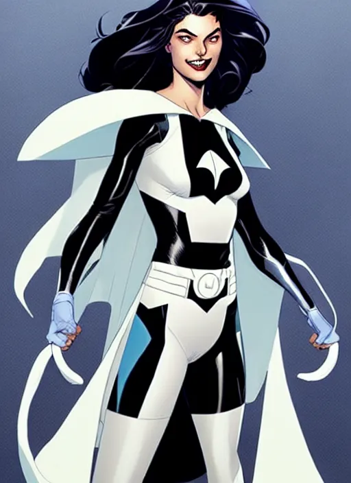 Prompt: Rafeal Albuquerque comic art, Joshua Middleton comic art, pretty female very pale white skin Phoebe Tonkin as Domino superhero X-MEN comics, black spot over left eye, fun smile, full body x-force outfit, long wavy black hair:: sunny weather::