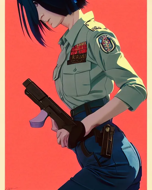 Image similar to girl wearing uniform, holding pistol at side, side view, looking down | | audrey plaza, fine detail!! anime!! realistic shaded lighting!! poster by ilya kuvshinov katsuhiro otomo ghost - in - the - shell, magali villeneuve, artgerm, jeremy lipkin and michael garmash and rob rey