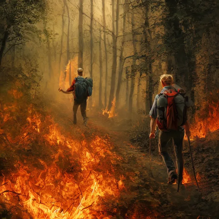 Prompt: happy blonde english man hiking a beautiful path through a forest ablaze on fire, fluent composition, concept art, ambient light, 4 k, intricate details, highly professionally detailed, cgsociety, highly detailed