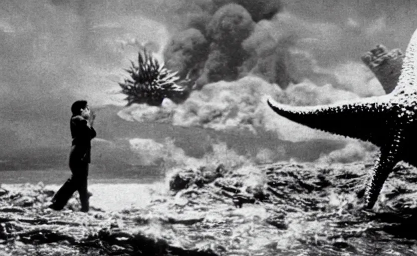 Prompt: a filmstill of Kim Jong-il and a starfish monster destroying Pyongyang, in Godzilla (1954) by Ishirō Honda, epic ultrawide shot, cinémascope