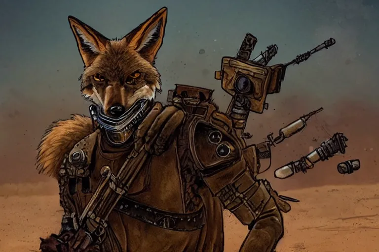 Image similar to a good ol'coyote fursona ( from the furry fandom ), heavily armed and armored facing down armageddon in a dark and gritty version from the makers of mad max : fury road. witness me.