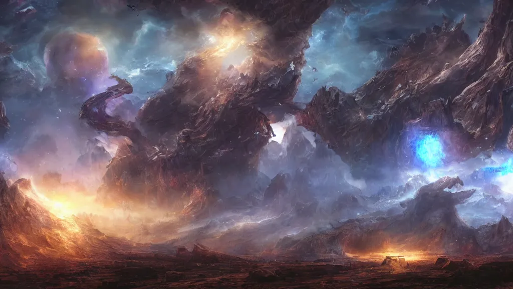 Image similar to whatever, fantasy artwork, very very very beautiful scenery, super ancient relics, all kinds of future technology equipment and cannons, the sky is made up of cosmic stars, hd, hdr, ue 5, ue 6, unreal engine 5, cinematic 4 k wallpaper, 8 k, ultra detailed, high resolution, artstation, award winning