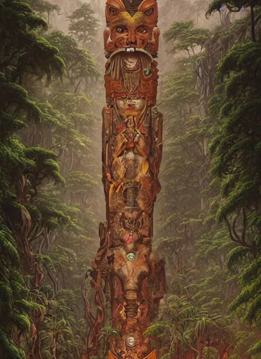 Image similar to a totem in the jungle, with faces of ancestors in the sky wearing tribal masks, hyper detailed, art by christophe vacher