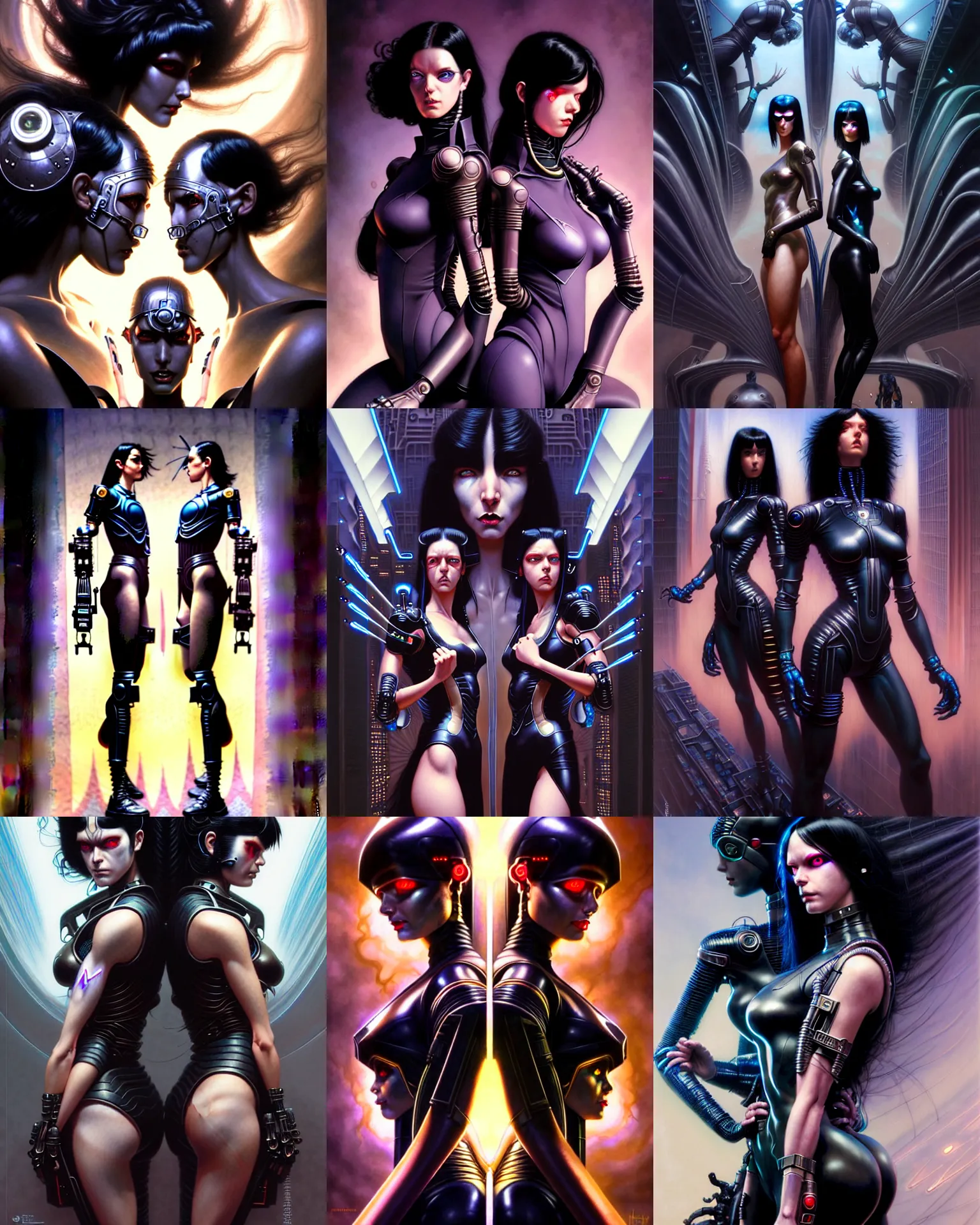 Prompt: jet black haired cyberpunk girl twins, superhero, dramatic lighting, ultra realistic, intricate details, the fifth element artifacts, highly detailed by peter mohrbacher, allen williams, hajime sorayama, wayne barlowe, boris vallejo, aaron horkey, gaston bussiere,