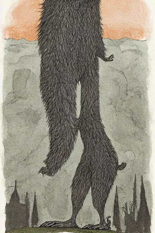 Image similar to Artwork by Maurice Sendak of Abe the Forgotten Beast, A towering humanoid composed of rose gold, with a gaunt appearance and a matted grey fur