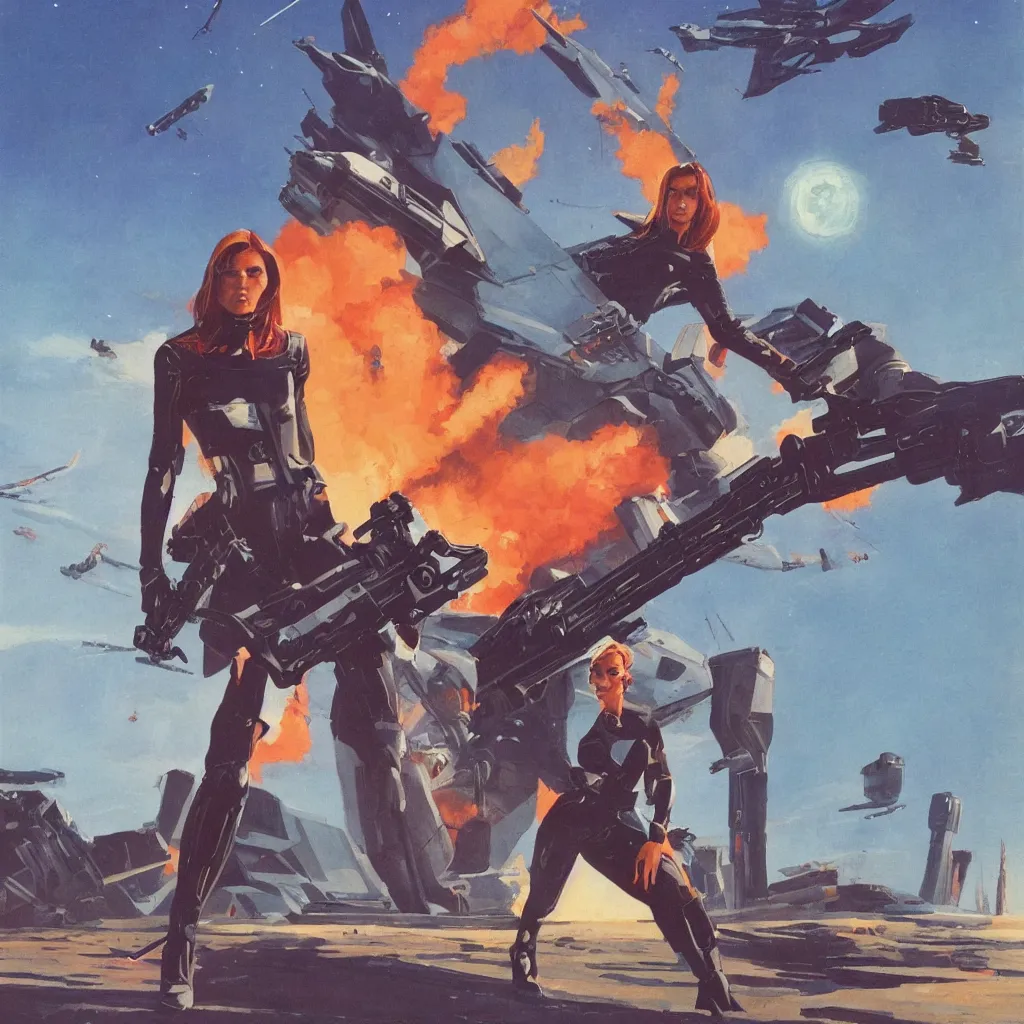 Prompt: a single young woman holding a weapon, dramatic pose, space ship in the background, wide shot, masterpiece by vincent di fate