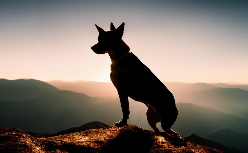 Image similar to movie still of a dog standing on top of a mountain, silhouette, natural light, cinematic lighting, 8 k