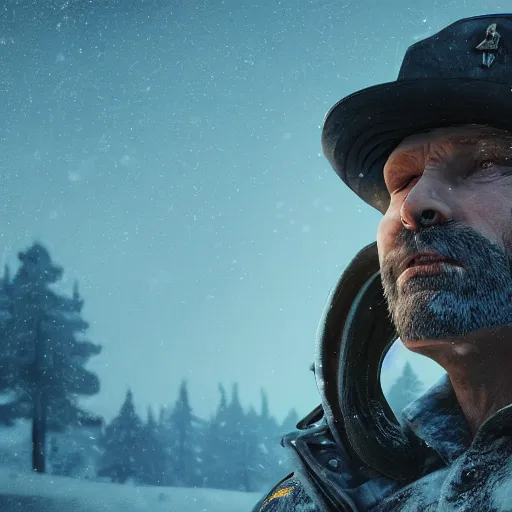 Image similar to A comic book style portrait painting of a sheriff in a a post apocalyptic winter landscape, unreal 5, DAZ, hyperrealistic, octane render, RPG portrait, ambient light, dynamic lighting