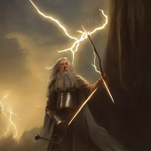 Prompt: gandalf casts a lightningbolt, dramatic lighting, chiaroscuro, high detail, painted by greg rutkowski, painted by igor kieryluk, painted by bobby chiu, trending on artstation