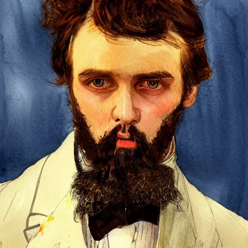 Image similar to Portrait of a handsome man with mutton chops. wearing a suit. colorful necktie, pale white face, long messy hair, ((red)) baggy eyes, tired face, watercolor, brushstrokes, high detail, artstation, background yellow and blue, medium detail, by Ilya Repin