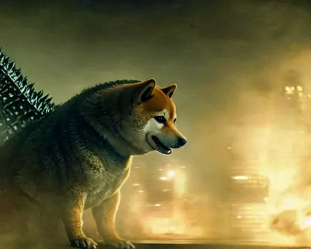 Image similar to godzilla as a shiba inu in a Godzilla: King of the Monsters still film directed by Christopher Nolan, shooting beams from its mouth and toppling over cities, epic action scene