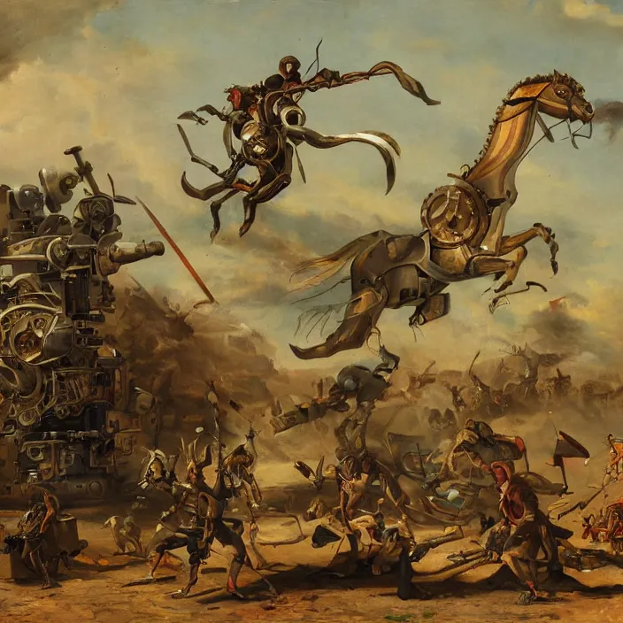 Prompt: an epic painting of the last human fighting a mechanical art machine