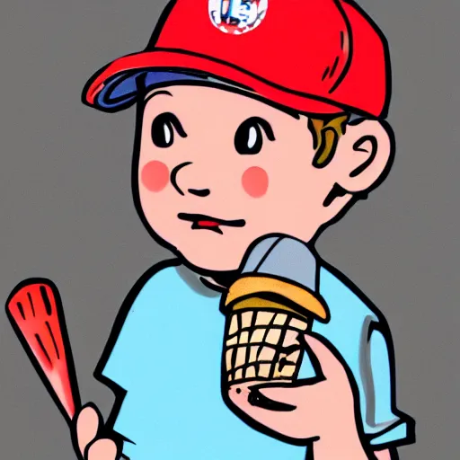 Prompt: a street artist cartoon drawing of a boy in a baseball cap holding an ice cream cone