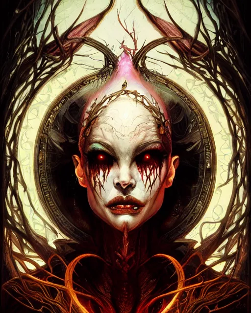 Image similar to perfectly centered portrait front view of a angry dead rotten beautiful female daemon growing ornamentation, ornate, detailed, symmetrical, elegant, beautifully soft lit, by wayne barlowe, peter mohrbacher, kelly mckernan