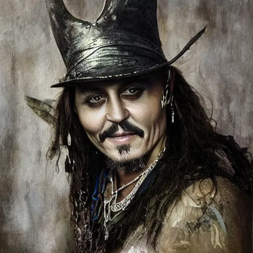 Prompt: portrait of mischievous, dangerous old Johnny Depp, smiling as a queen of fairies, dressed in a worn out silver dress. The background is a dark, creepy Middle eastern desert. night, horroristic shadows, high contrasts, lumnious, foggy effect, photorealistic, dreamlike, mist filters, theatrical, oil canvas art by Henry Meynell Rheam and Cesare Saccaggi