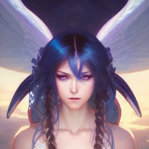 Image similar to 2D movie still, a beautiful cinematic female cyborg angel , fantasy magic, short aqua blue black fade hair, dark light night, highly detailed, advanced digital anime art, concept art, matte, art by WLOP and Artgerm and Greg Rutkowski and Alphonse Mucha, masterpiece by Jinji Ito