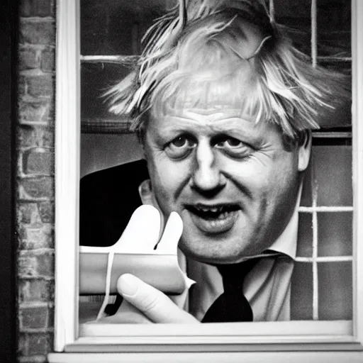 Image similar to a photo taken from the inside of an old house, showing window blinds being pulled back to reveal a terrifying boris johnson with his unhinged face pressed against the window, boris ’ hand placed on the window, horrifying grin. horror, raining, night time