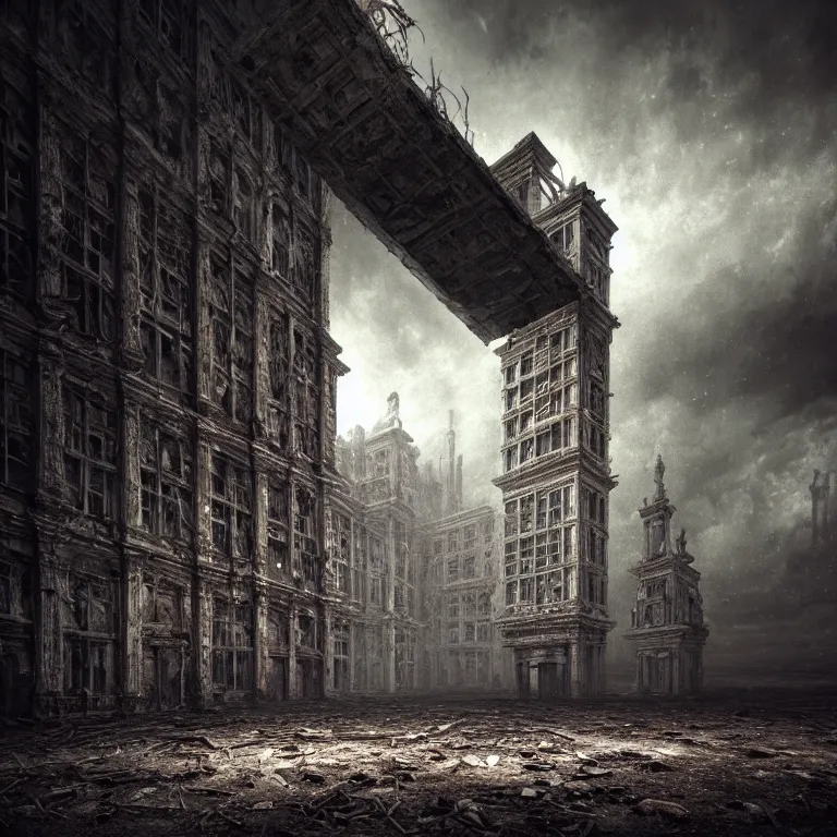 Image similar to ribbed abandoned giant building, baroque painting, standing in a desolate empty wasteland, creepy, nightmare, dream-like heavy atmosphere, surreal abandoned buildings, beautiful detailed intricate insanely detailed octane render trending on Artstation, 8K artistic photography, photorealistic, chiaroscuro, Raphael, Caravaggio, Beksinski, Giger