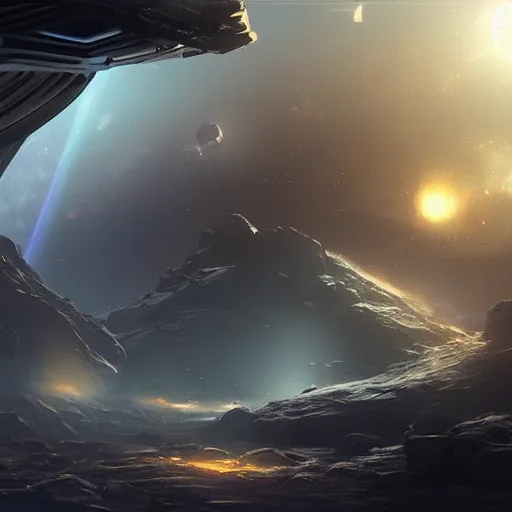 Prompt: scifi space landscape, concept art, trending on, volumetric lighting, epic composition