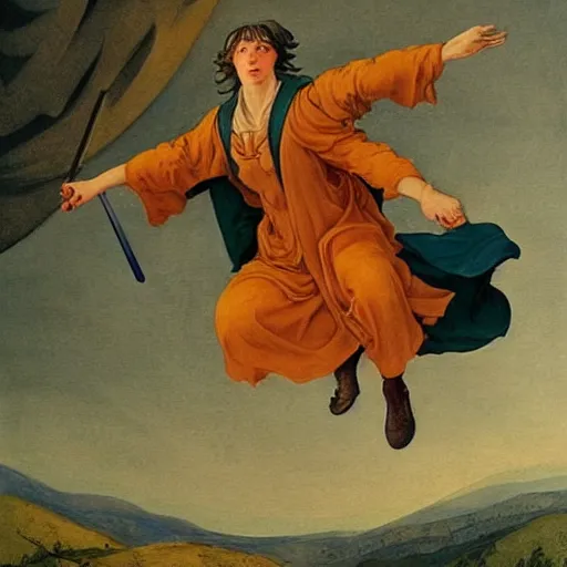 Prompt: a beautiful painting of harry potter flying on a broom by Philipp Otto Runge, masterpiece, Extremely detailed