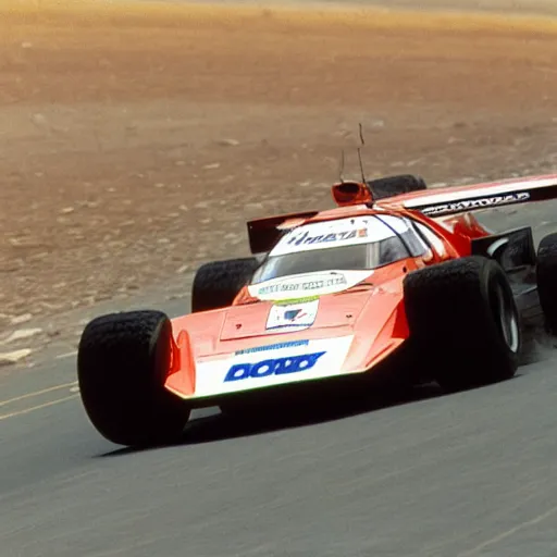 Image similar to Mazda 787B driving on the surface of the moon film photo 1992