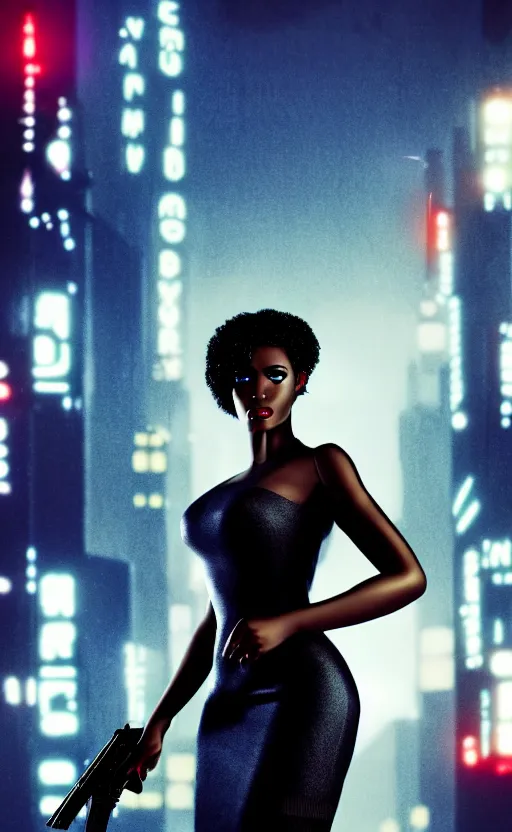 Prompt: hyper - realistic, a beautiful black femme fatale woman wearing a short dress and heels, holding a pistol, blade runner city, futuristic noir aesthetic, cinematic composition, cinematic colors, 3 5 mm film, roger deakins style, realistic film, no signature, 8 k