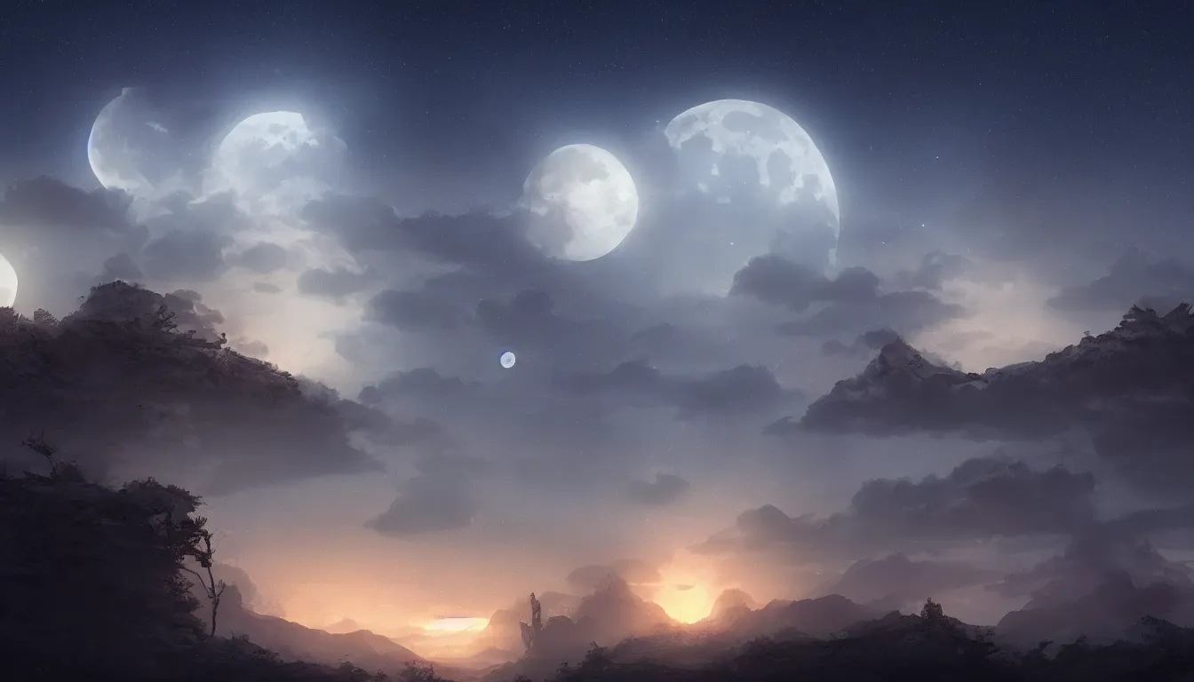 Prompt: a beautiful landscape at dusk, big moon and stars in the sky, matte painting, concept art, 4k