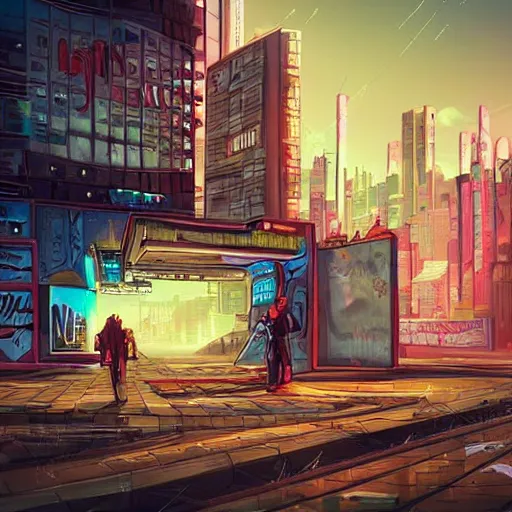 Image similar to beautiful graffiti on a wall in a cyberpunk city, happy mood, futuristic, high detail, sunset, realistic