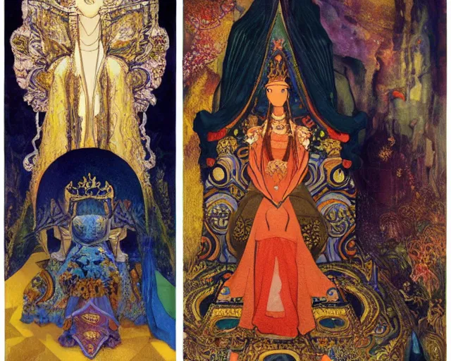 Image similar to an illustration of a queen wearing a dress and a crown, and a veil on a stone throne by nicholas roerich, by gustave moreau, by yoshitaka amano, by katsuhiro otomo, by georgia o keeffe, oil painting