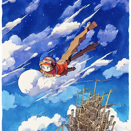 Image similar to sky fortress laputa hayao miyazaki flying high in the sky, watercolor illustration for a book