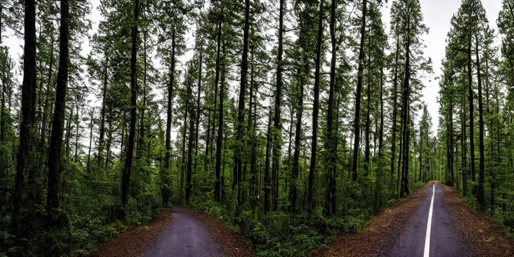 Prompt: road between tall trees, dense forest, dark night, no light