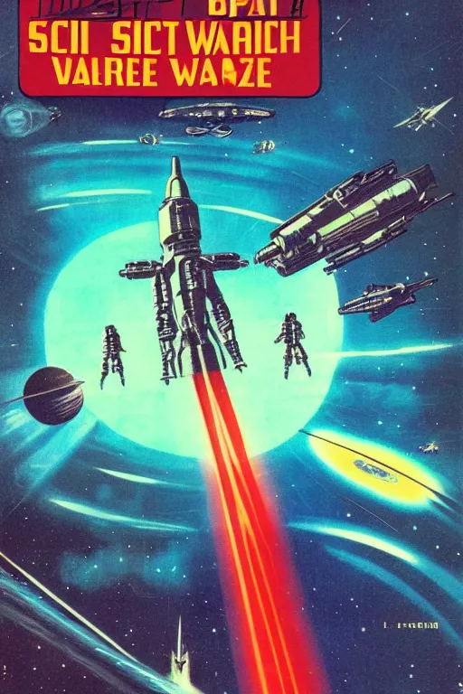 Prompt: vintage sci-fi book cover, depicting a space war, warm azure tones, highlights, laser beams, color bleed, film grain