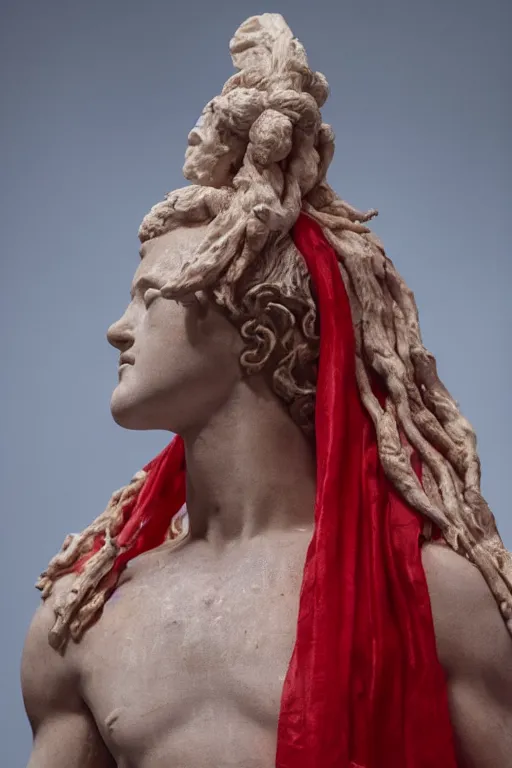 Image similar to a cinematic view of a ornated holy sacred faun statue using a old red silk veil made by hedi xandt, chris haas and bernini, realistic, macabre art, detailed image, photorealistic, volummetric light