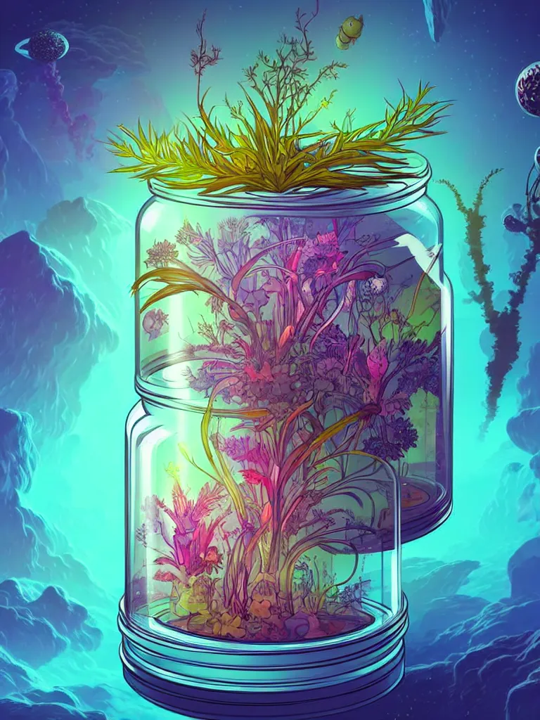 Image similar to concept art. illustration. sci - fi. multicolour strange weird plants and flowers from a different planet in a closed jar. plain background. high sci - fi. holographic, beautiful, ethereal