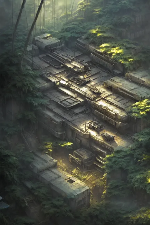 Image similar to a highly detailed matte painting of a post - apocalyptic dieselpunk military base in the jungle aerial view, by studio ghibli, makoto shinkai, by artgerm, by wlop, by greg rutkowski, volumetric lighting, octane render, 4 k resolution, trending on artstation, masterpiece