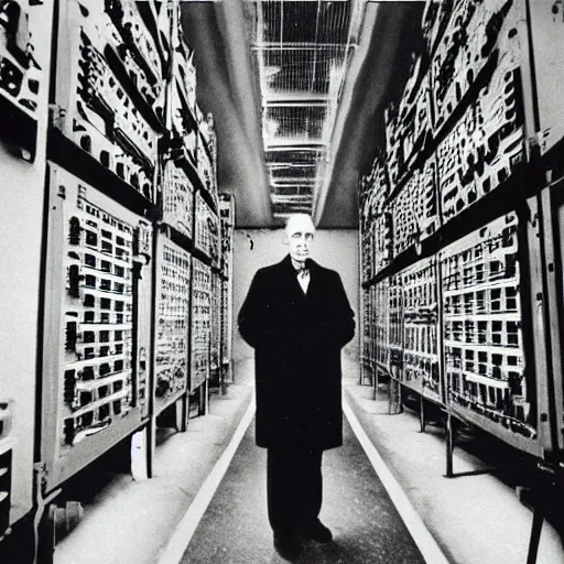 Prompt: grainy underexposed photo of Marcel Duchamp in a machine room full of ancient computers, tri-x, Trent Parke, Rinko Kawaichi, archival pigment print, occult dream, contemporary art