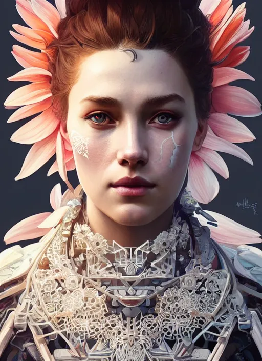 Image similar to symmetry!! portrait of floral! horizon zero dawn machine, intricate, elegant, highly detailed, digital painting, artstation, concept art, smooth, sharp focus, illustration, art by artgerm and greg rutkowski and alphonse mucha, 8 k