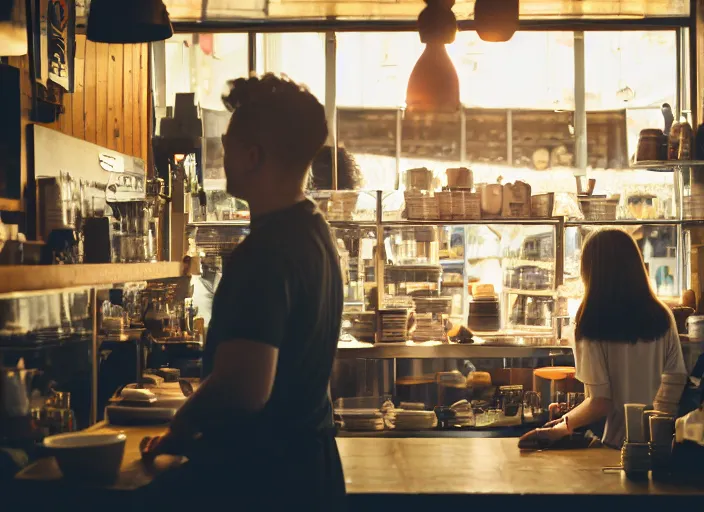 Prompt: a 3 5 mm photo of a person behind the counter of a cafe in the morning, bokeh, canon 5 0 mm, cinematic lighting, film, photography, golden hour, depth of field, award - winning