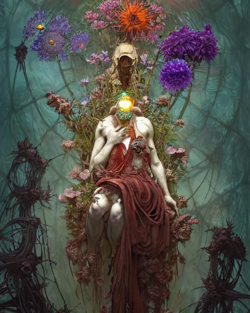 Prompt: the platonic ideal of flowers, rotting, insects and praying of cletus kasady carnage davinci dementor chtulu mandala ponyo dinotopia bioshock the witcher, fantasy, ego death, decay, dmt, psilocybin, concept art by randy vargas and greg rutkowski and ruan jia and alphonse mucha