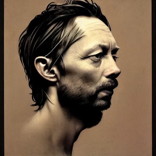 Image similar to hyper realistic, variations portrait of smooth very old thom yorke variations, strong variations, singer songwriter, ( side ) profile, liminal space, by lee bermejo, alphonse mucha and greg rutkowski, greybeard, smooth face