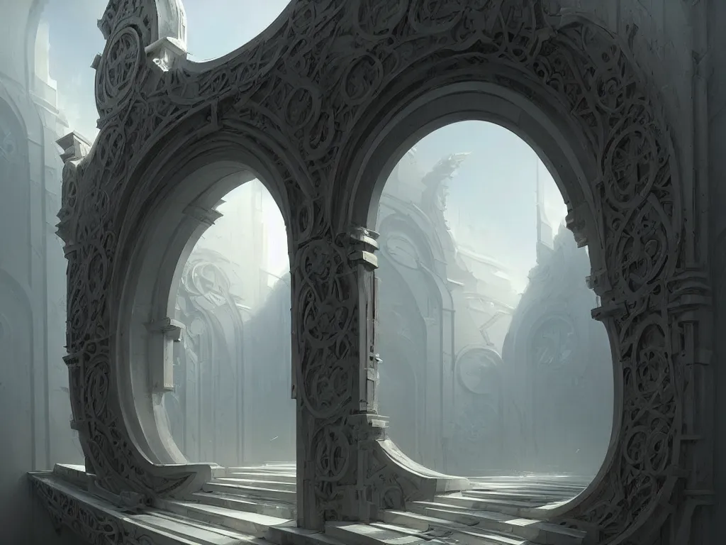 Image similar to circular gate in a white wall, leading to heaven. modern architecture. fantasy. detailed. smooth. sharp focus. trending on artstation. artist greg rutkowski.