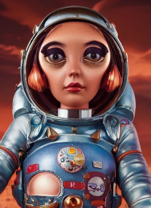 Image similar to closeup portrait of tin toy askimo spacegirl in a spaceship on mars, depth of field, zeiss lens, detailed, symmetrical, centered, fashion photoshoot, by nicoletta ceccoli, mark ryden, lostfish, breathtaking, 8 k resolution, extremely detailed, beautiful, establishing shot, artistic, hyperrealistic, octane render