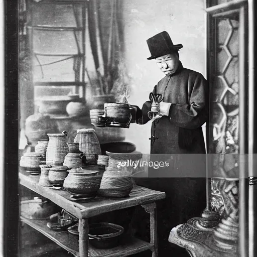 Image similar to Portrait of a 19th century Chinese man preparing a ginseng tea in an old traditional Chinese medicine store, 1900s photography